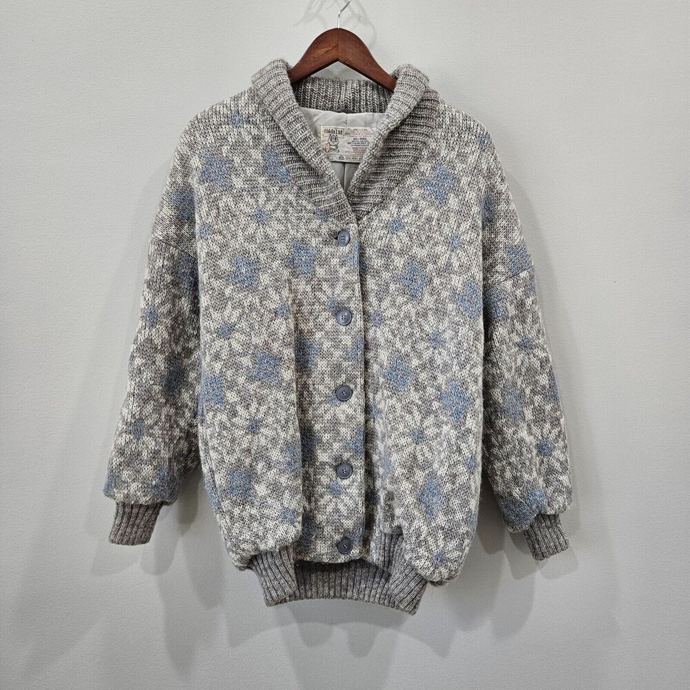 Vintage Hilda Ltd Womens 100% Wool Knit Cardigan Small Gray Warm Winter Comfy